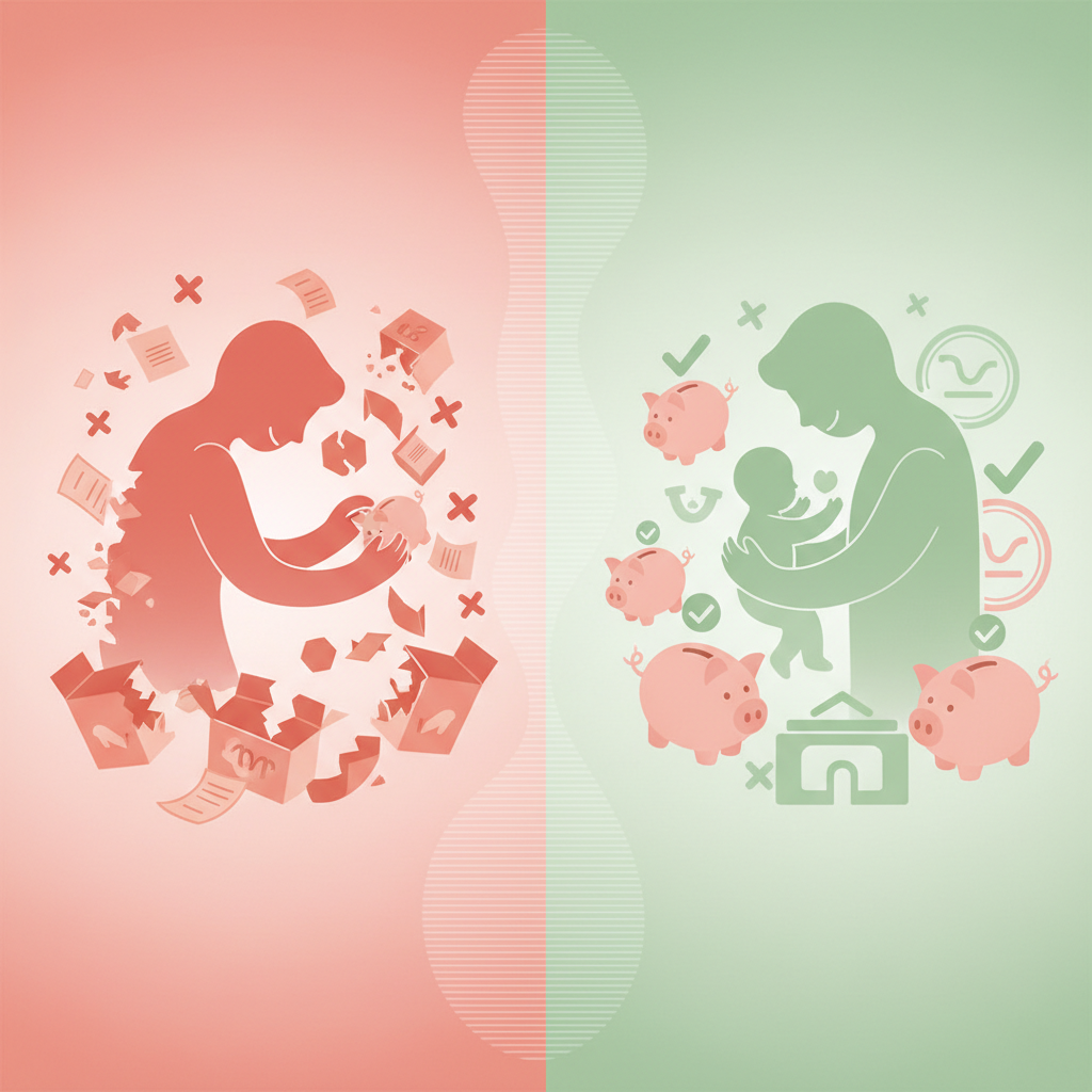 Happy parents holding a baby, surrounded by small infographics about financial support