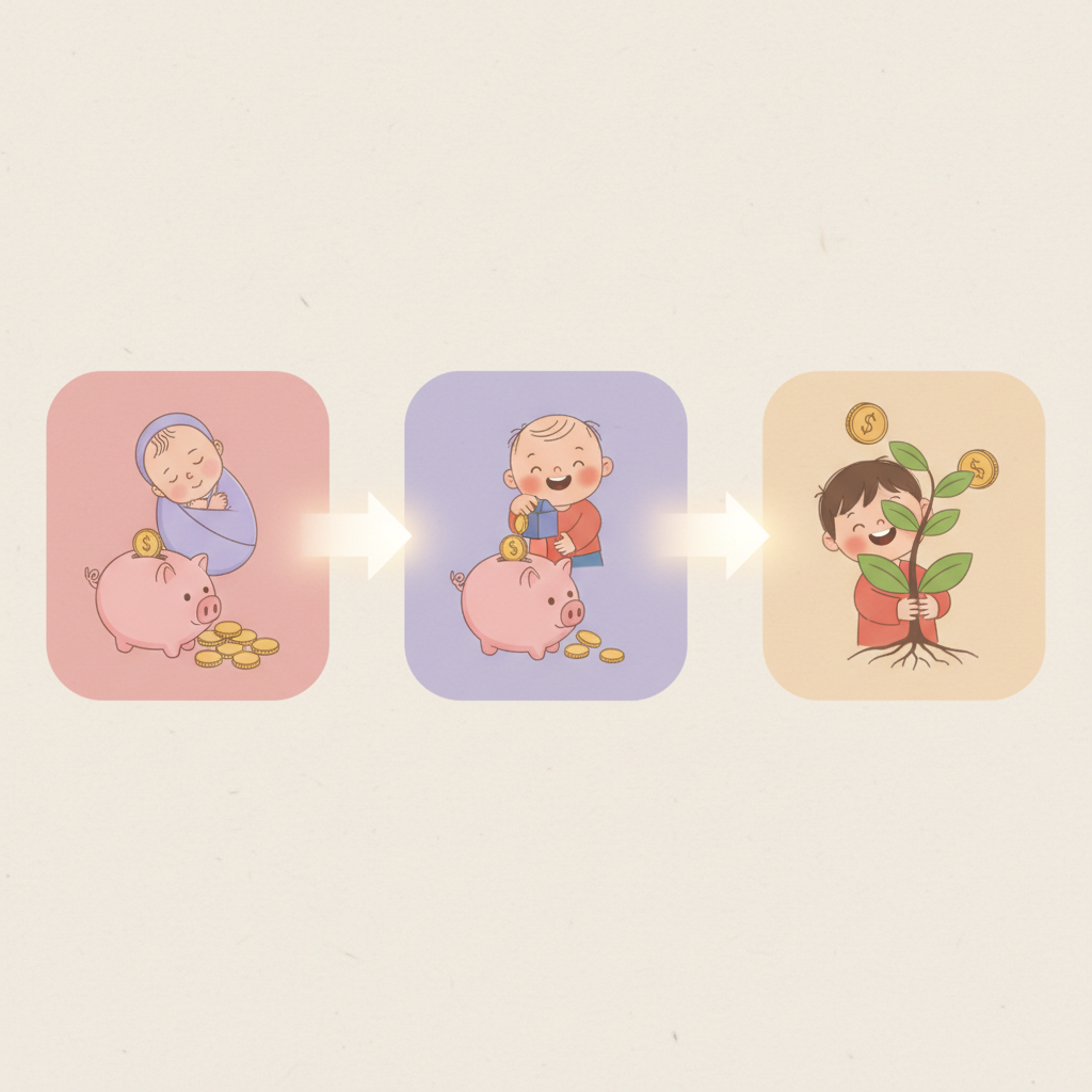 A piggy bank with a baby's hand putting coins in, next to a calendar year 2026