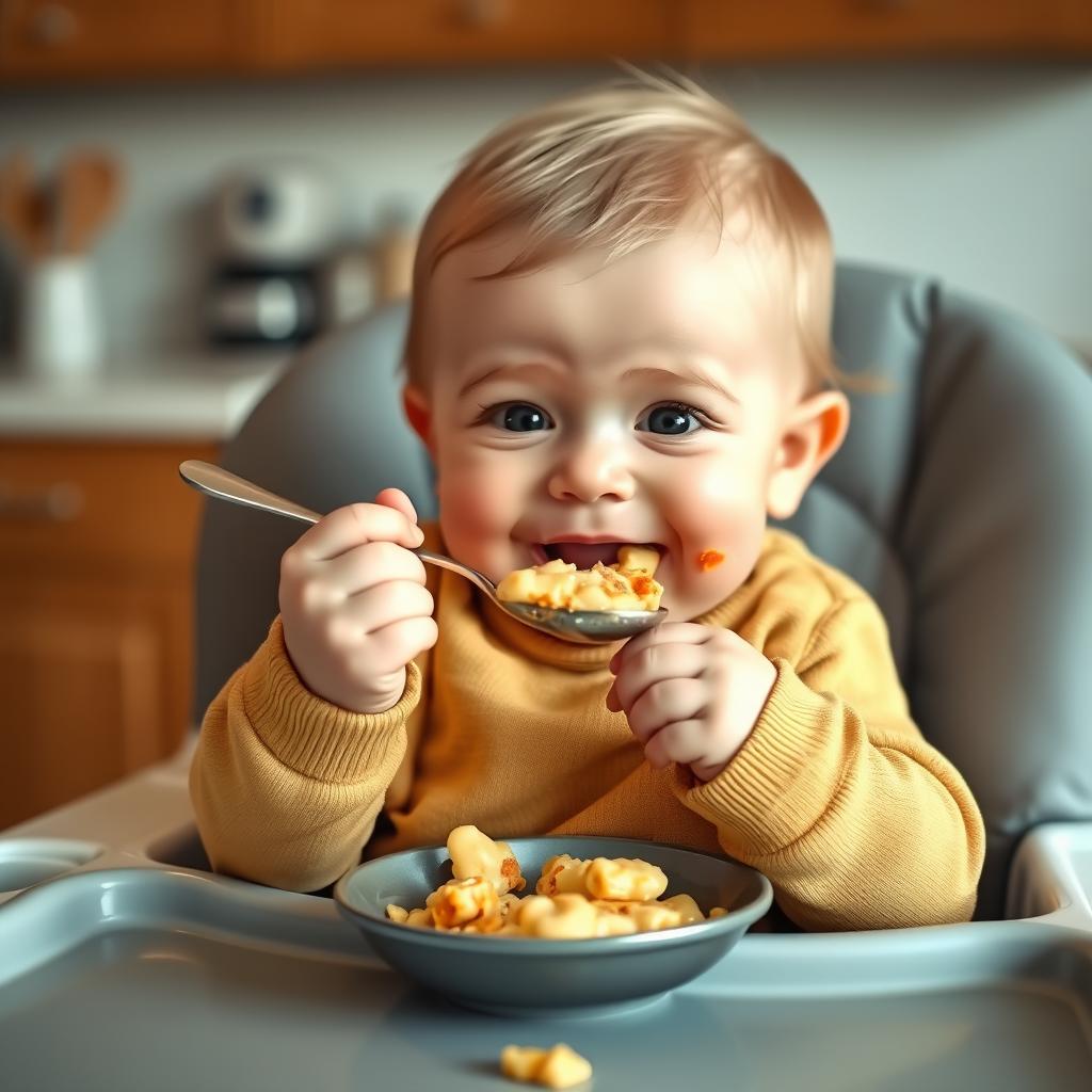 6개월 아기가 유아용 의자에 앉아 처음으로 이유식을 먹는 모습