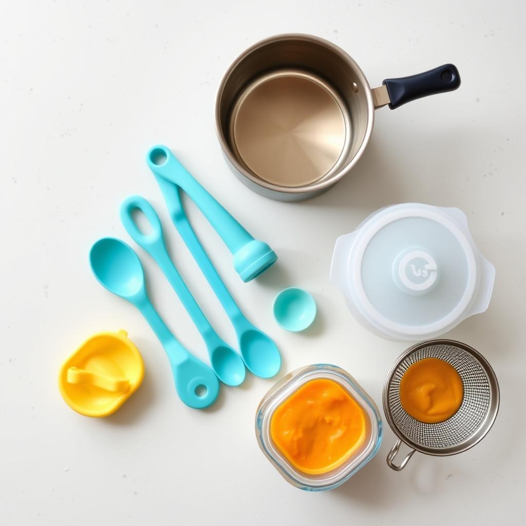 이유식 냄비, 핸드블렌더, 실리콘 숟가락, 소분 보관 용기 등 이유식 필수 도구들이 정리되어 있는 모습
