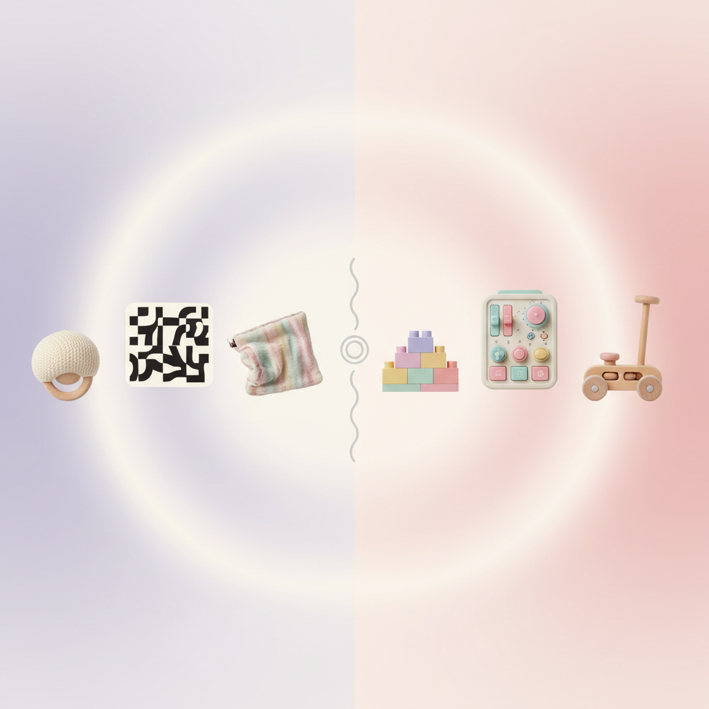 a newborn baby looking at a black and white mobile hanging above its crib