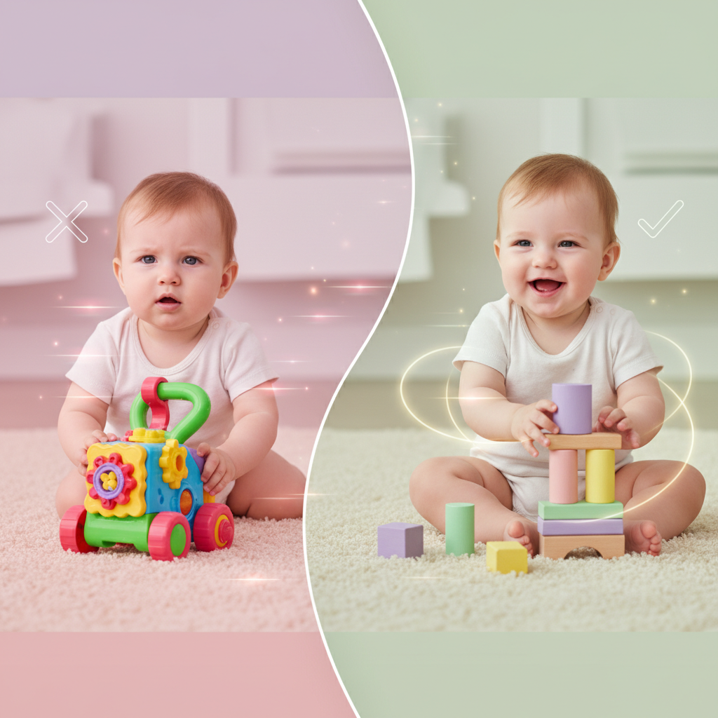 a 1-year-old toddler pushing a wooden walker toy