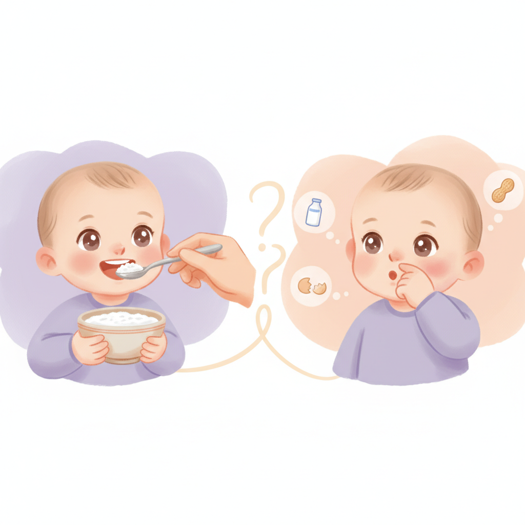 A worried parent looking at a baby who just tasted new food