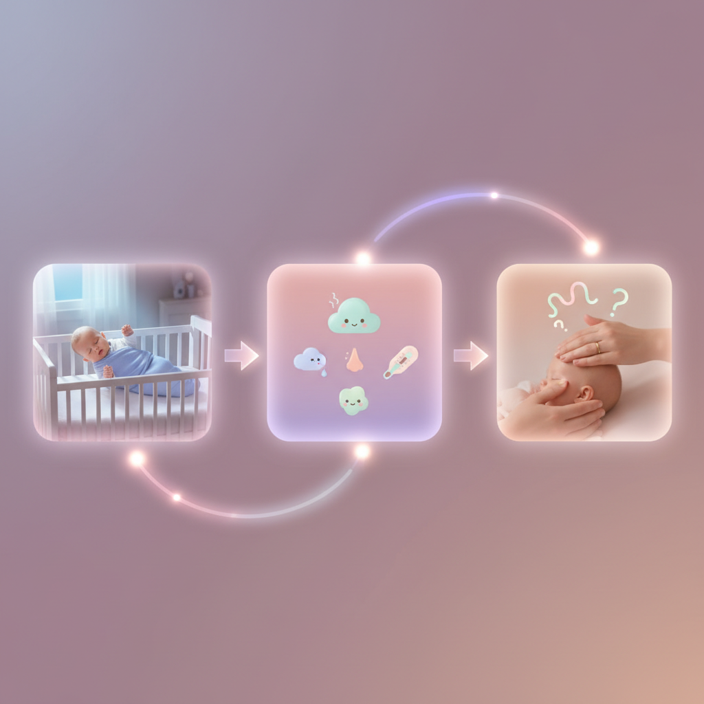 An anxious parent gently checking a sleeping baby's forehead in a dimly lit nursery, with a humidifier mist visible