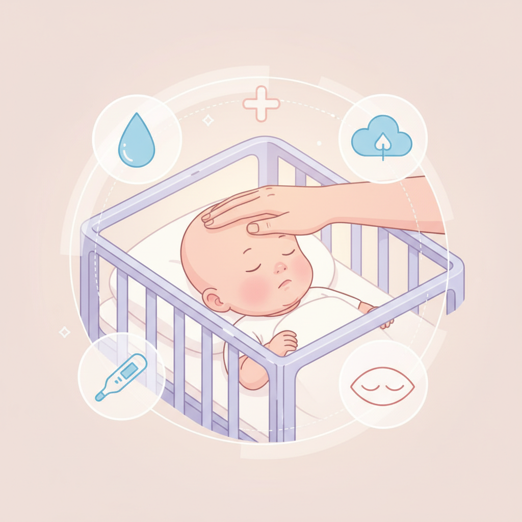 A parent administering saline nose drops to a baby, while another parent uses a bulb syringe for aspiration.