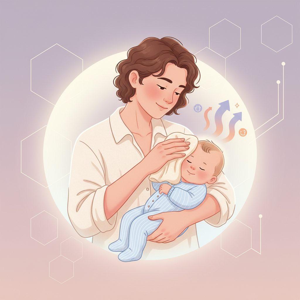 A concerned parent holds a baby at a clinic reception desk, looking towards a doctor's office.