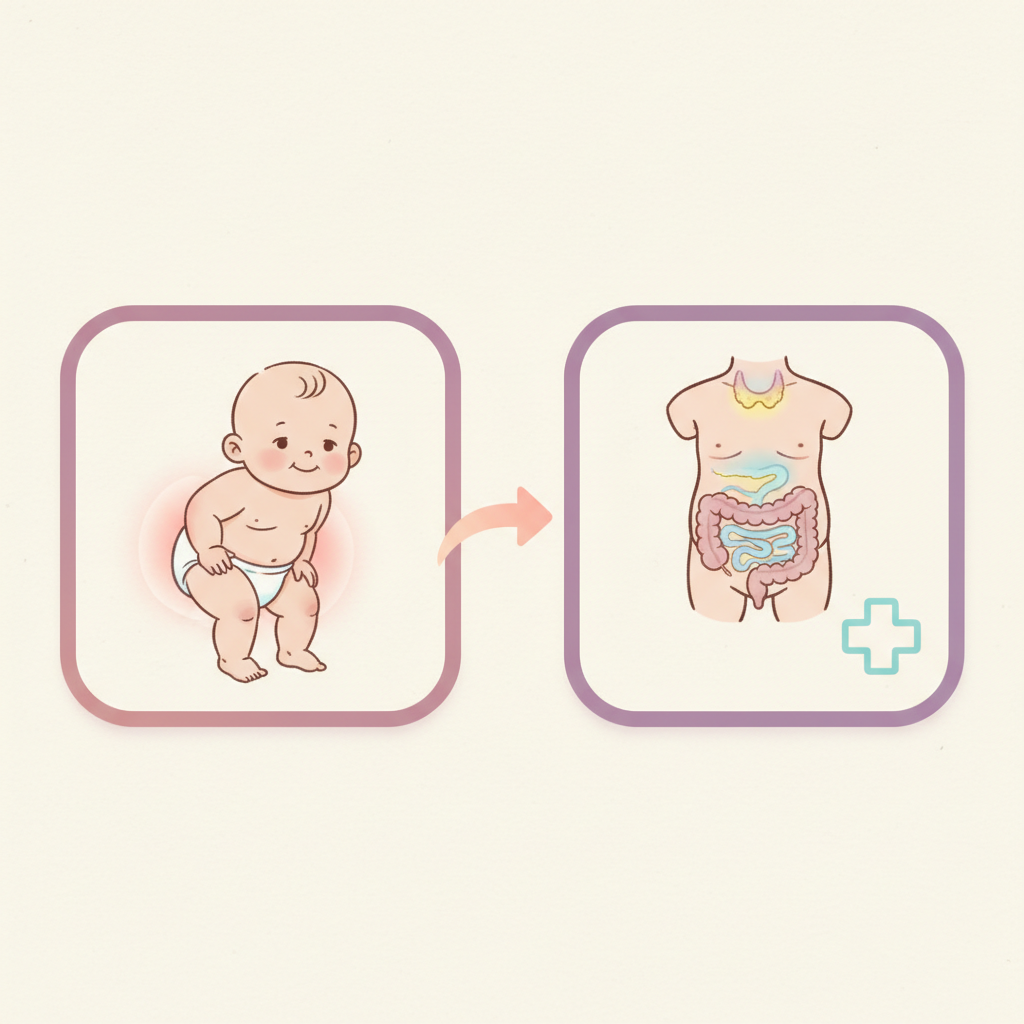 A parent gently massaging a baby's abdomen