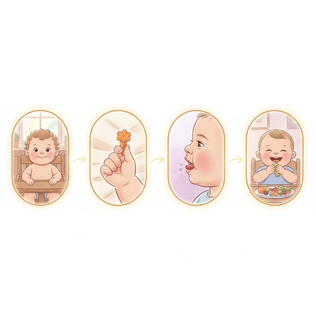 A baby around 7-8 months old sitting in a high chair, reaching for a soft piece of fruit on the tray.