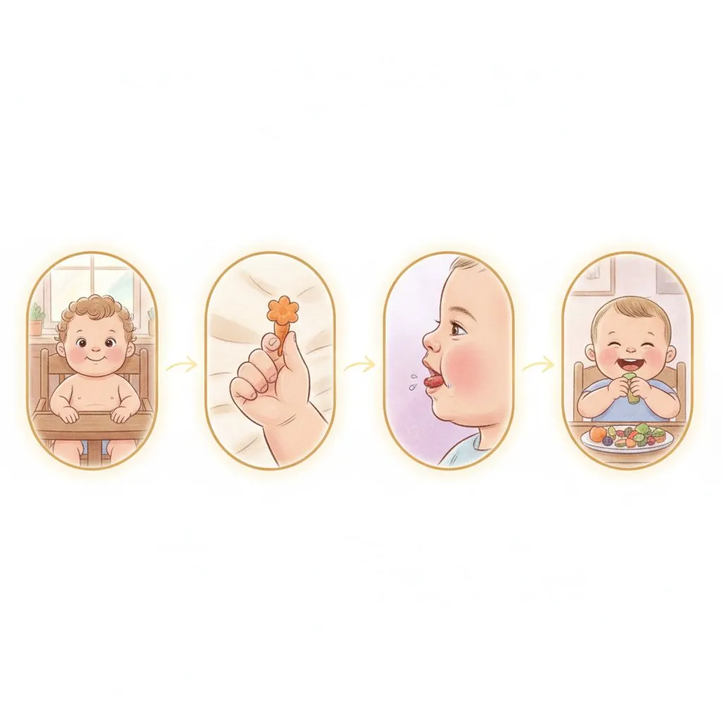 A baby around 7-8 months old sitting in a high chair, reaching for a soft piece of fruit on the tray.