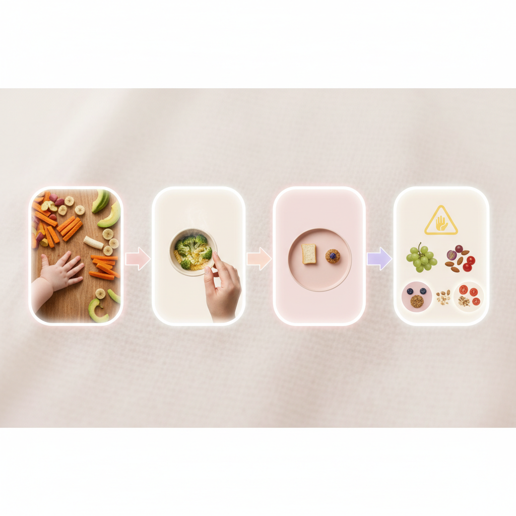 Various soft, colorful finger foods arranged attractively on a baby's high chair tray. Includes steamed carrot sticks, banana slices, and small cooked pasta shapes.