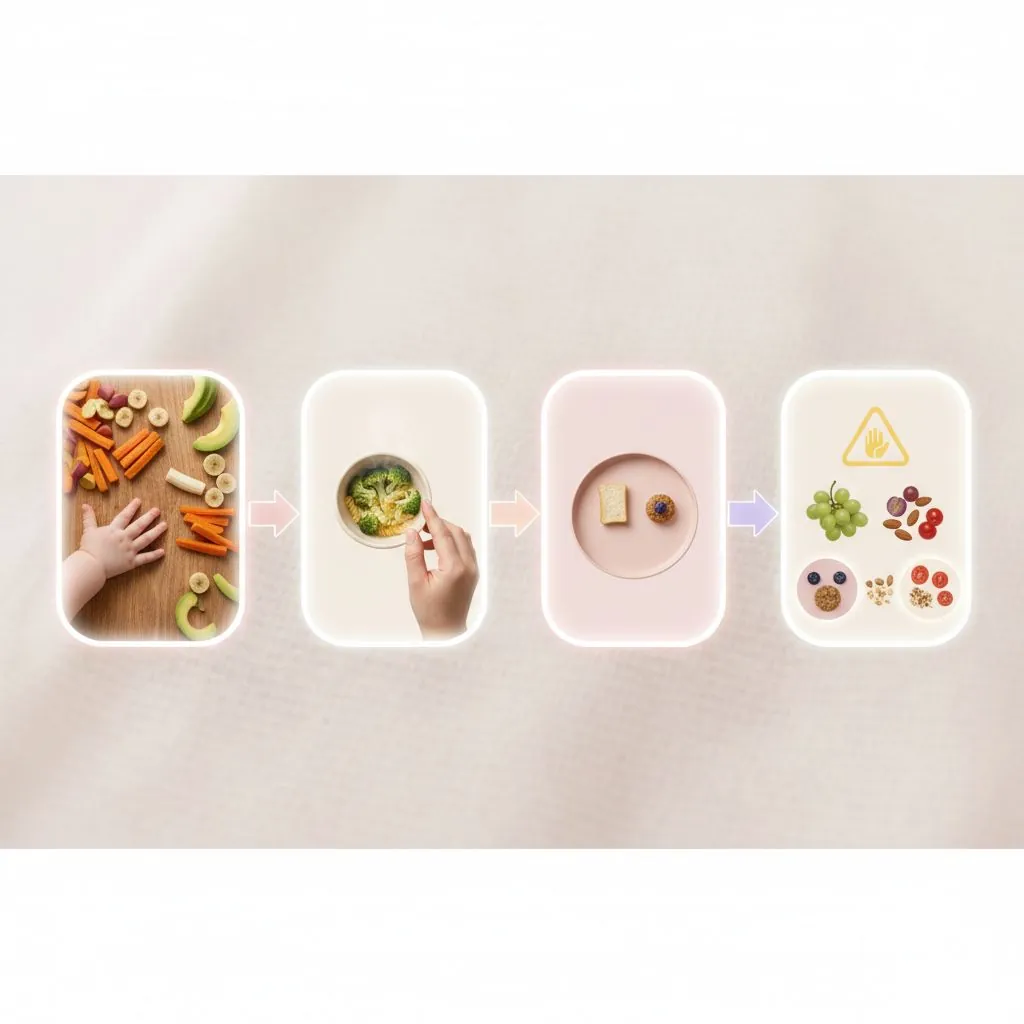 Various soft, colorful finger foods arranged attractively on a baby's high chair tray. Includes steamed carrot sticks, banana slices, and small cooked pasta shapes.