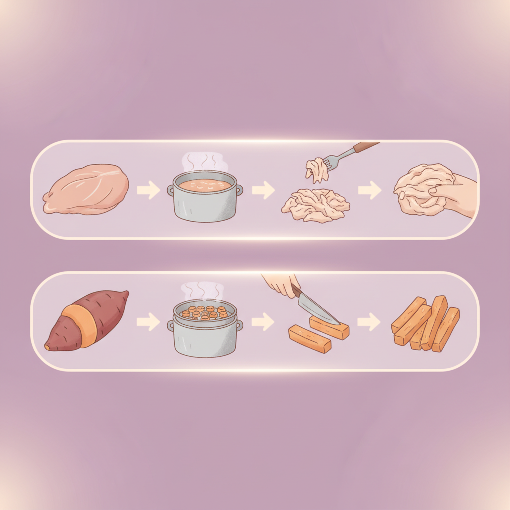 A parent closely supervising their baby who is eating finger foods in a high chair. The baby is happy and focused on the food.