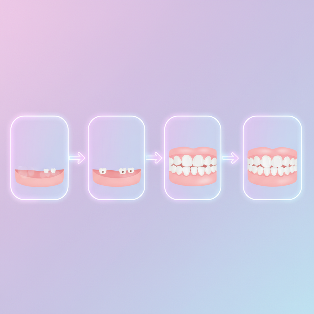 A close-up of a baby smiling, showing two tiny lower front teeth just emerging from the gums.