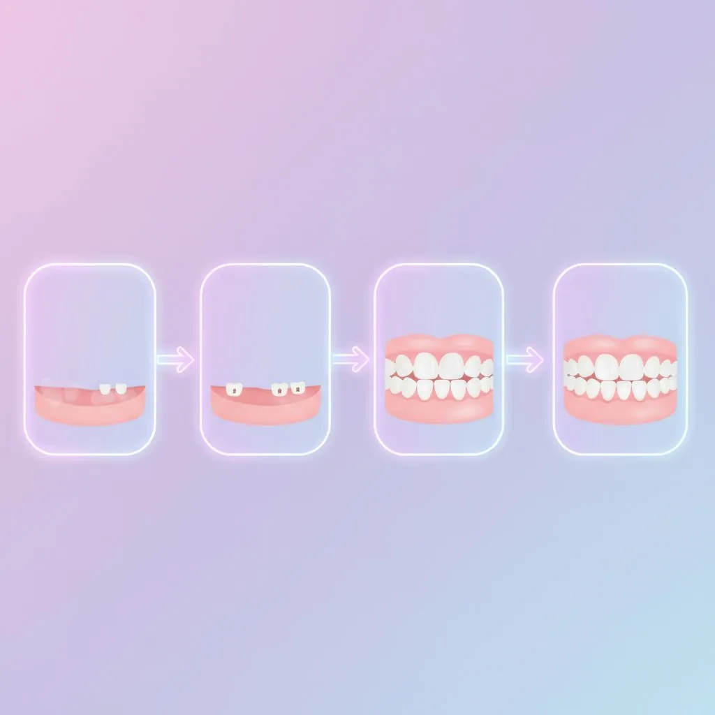 A close-up of a baby smiling, showing two tiny lower front teeth just emerging from the gums.