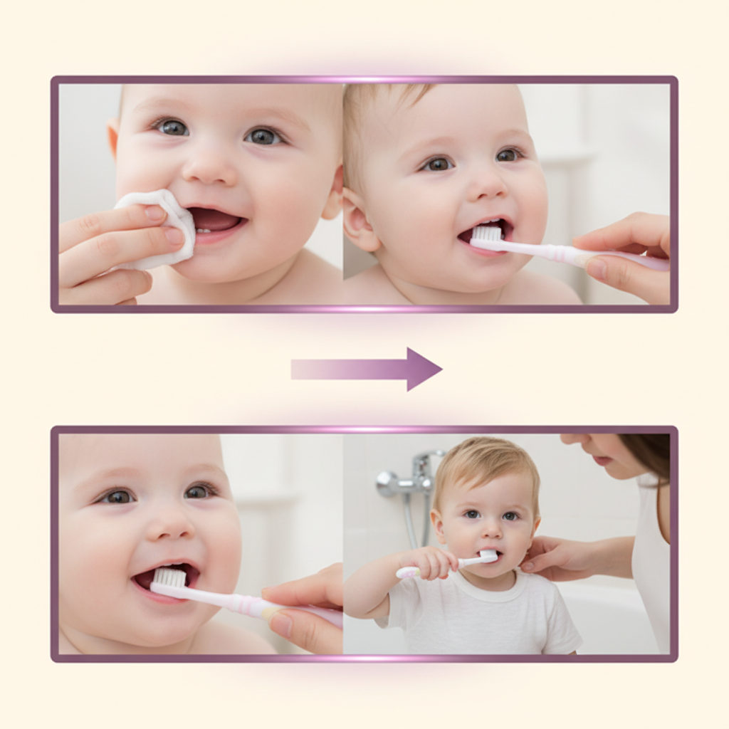 A parent gently wiping a baby's gums with a soft, clean gauze pad wrapped around their finger.