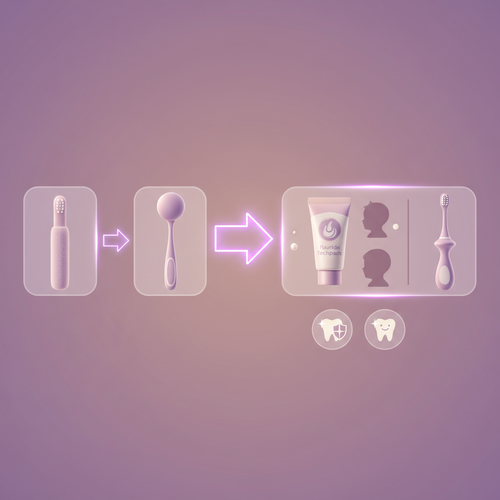 A variety of colorful baby toothbrushes and tubes of baby toothpaste arranged neatly.