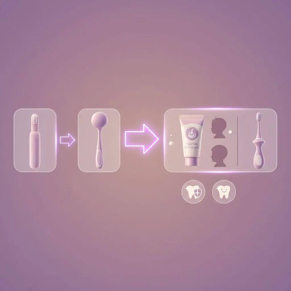A variety of colorful baby toothbrushes and tubes of baby toothpaste arranged neatly.