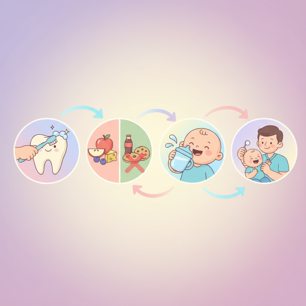 A baby happily eating healthy finger foods like steamed carrots and soft fruit, showing good dental and eating habits.