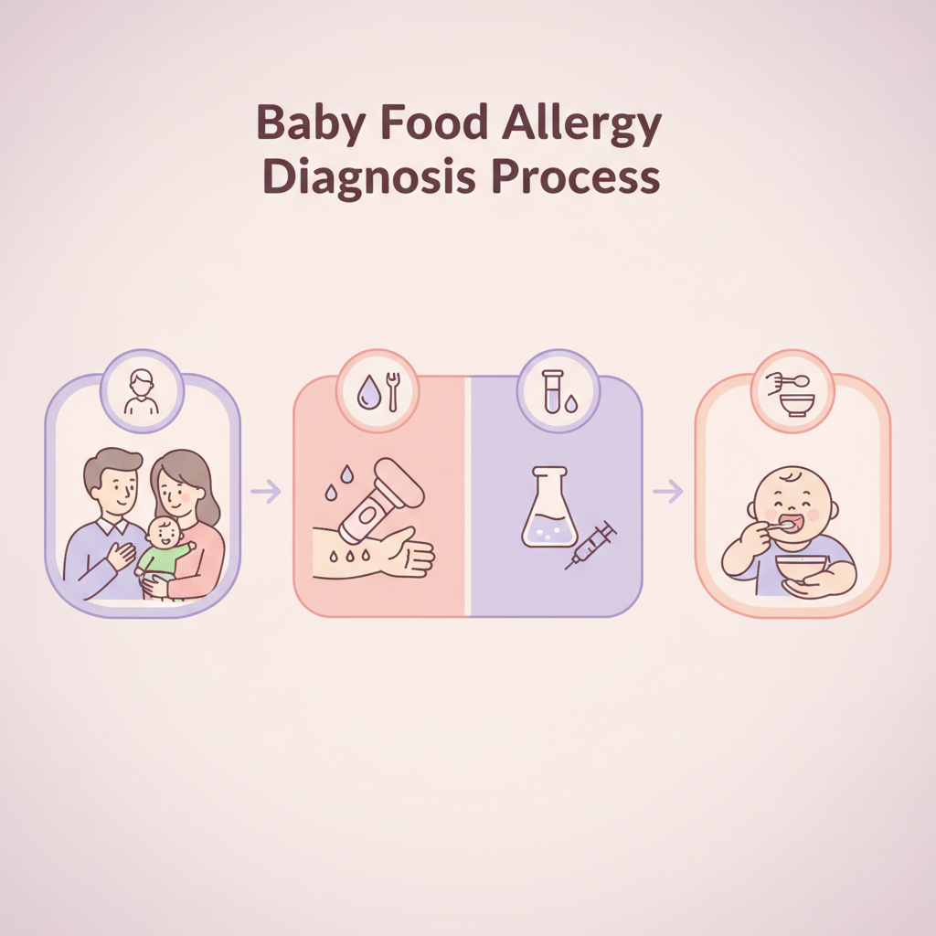 다양한 아기용 식품들이 알레르기 유발 가능성을 보여주는 아이콘과 함께 정렬된 모습