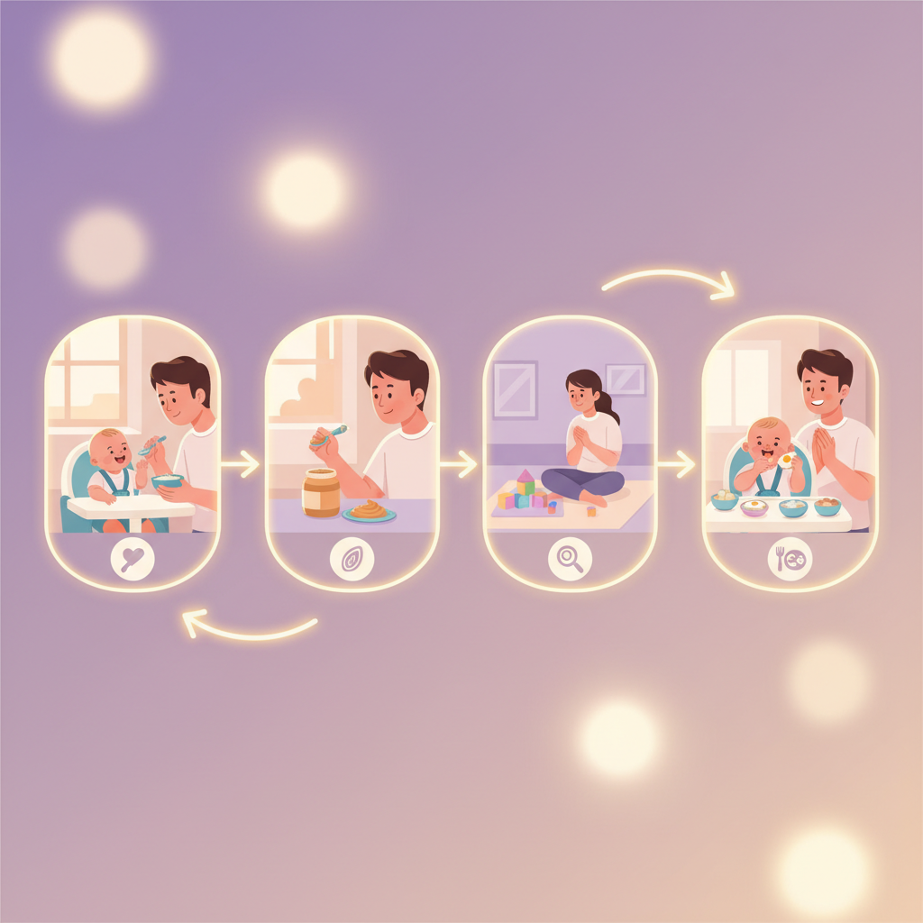 A parent gently offering a small spoon of new food to a baby in a high chair, symbolizing the introduction of allergens