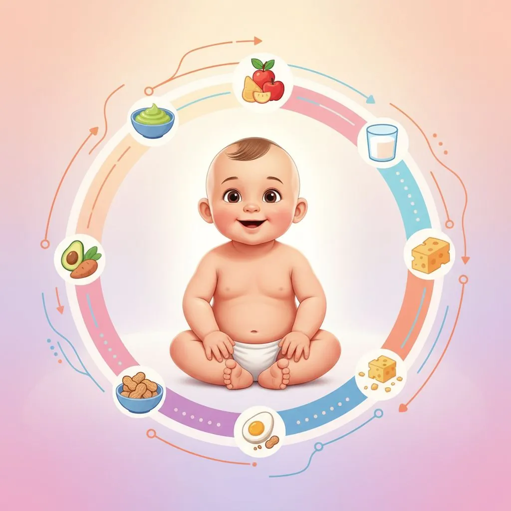 A baby smiling and curiously reaching for a small plate of mashed food, representing early food introduction