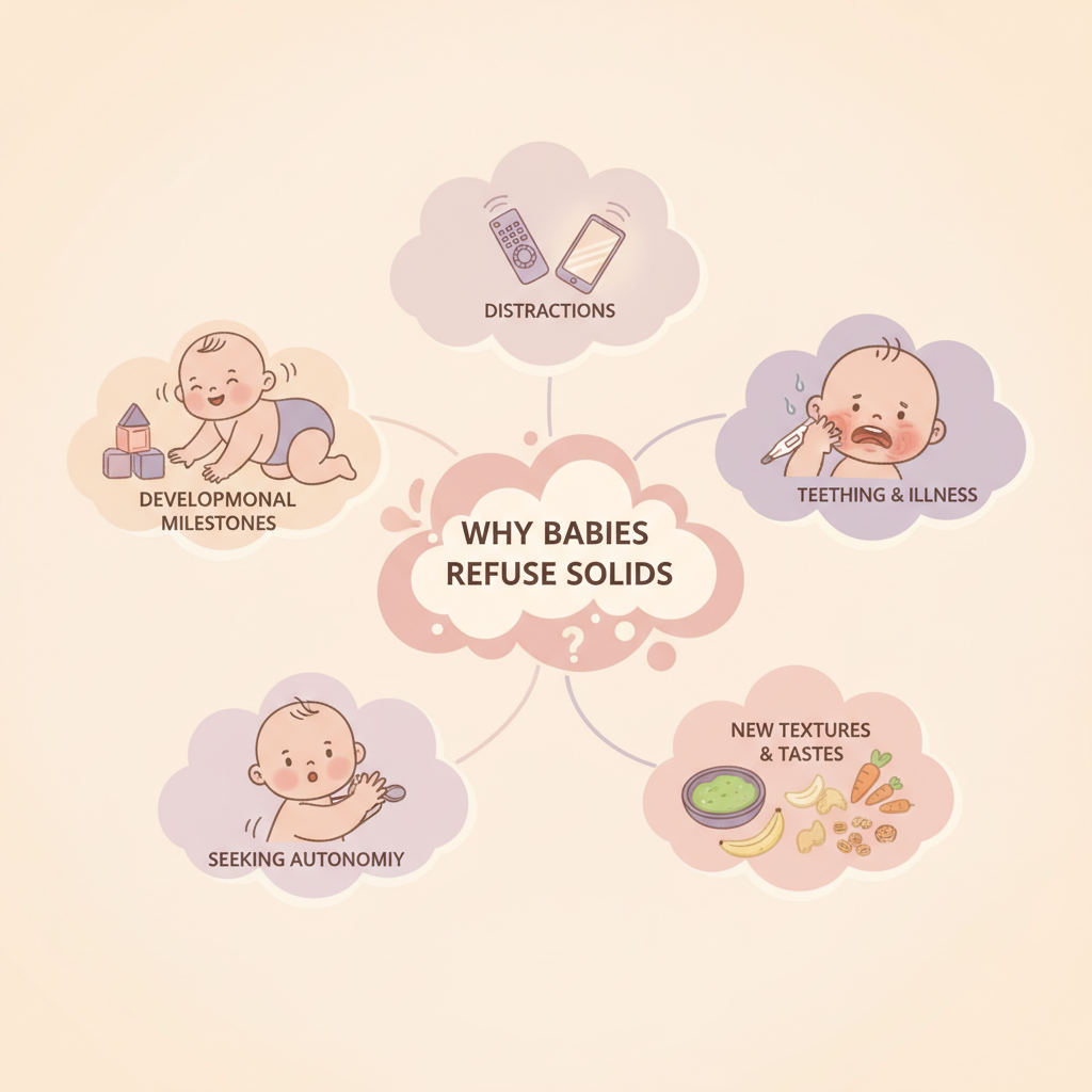 A baby refusing a spoon of food with a stern facial expression, pushed away by their hand, while a parent looks on with a concerned but patient look.