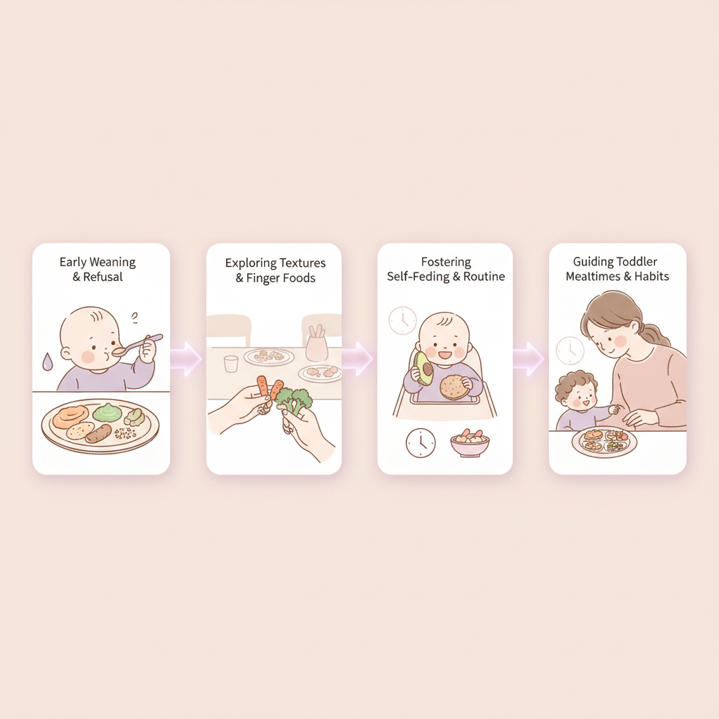 A baby joyfully exploring different textures of food on a high chair tray, with various small bowls of colorful purees and soft finger foods.