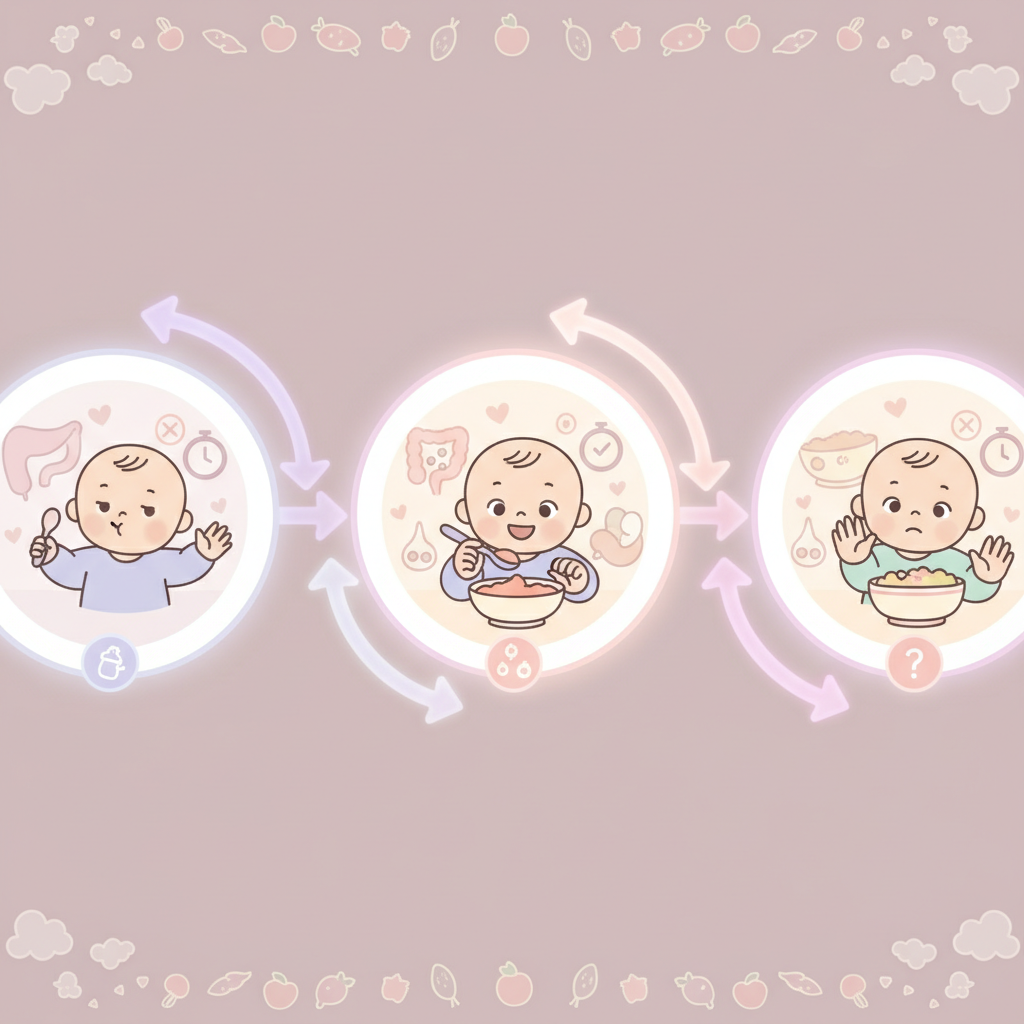 A baby sitting in a high chair, looking curious at a small bowl of pureed food held by an adult's hand.