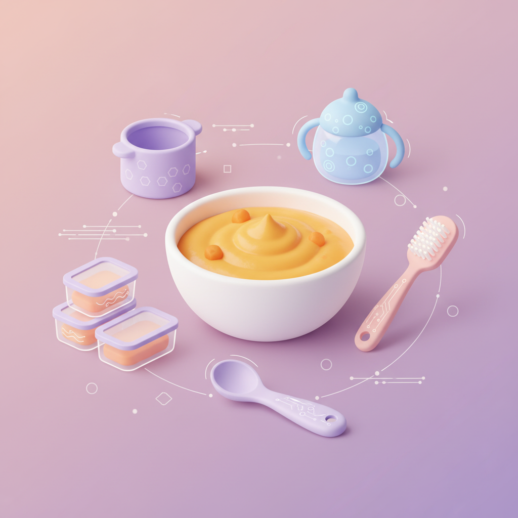 A close-up of an adult gently offering a small spoonful of smooth, light-colored baby food to a baby's open mouth.