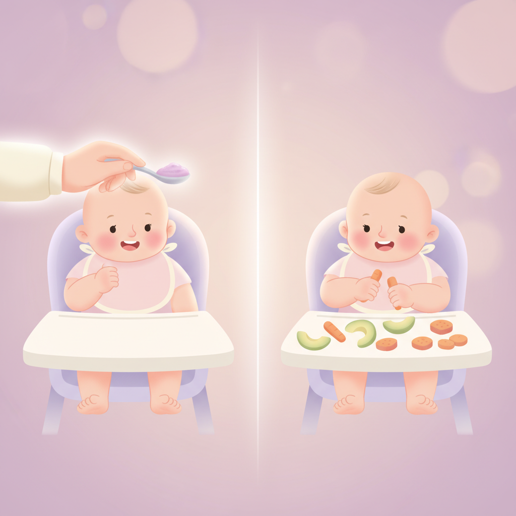 Various bowls of colorful pureed baby foods like carrot, sweet potato, and peas, alongside a bowl of plain rice porridge.