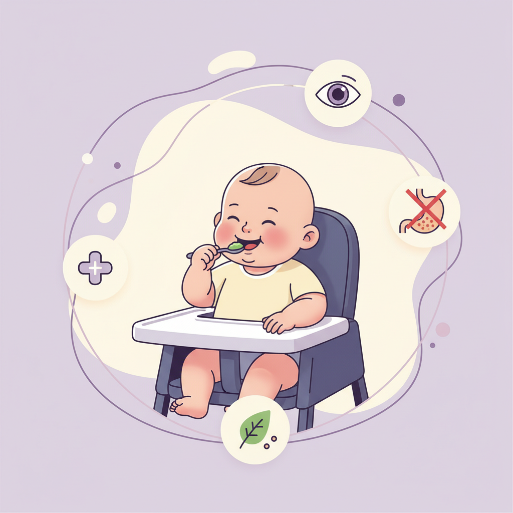 A parent looking concerned, holding a spoon with baby food, while their baby turns away.