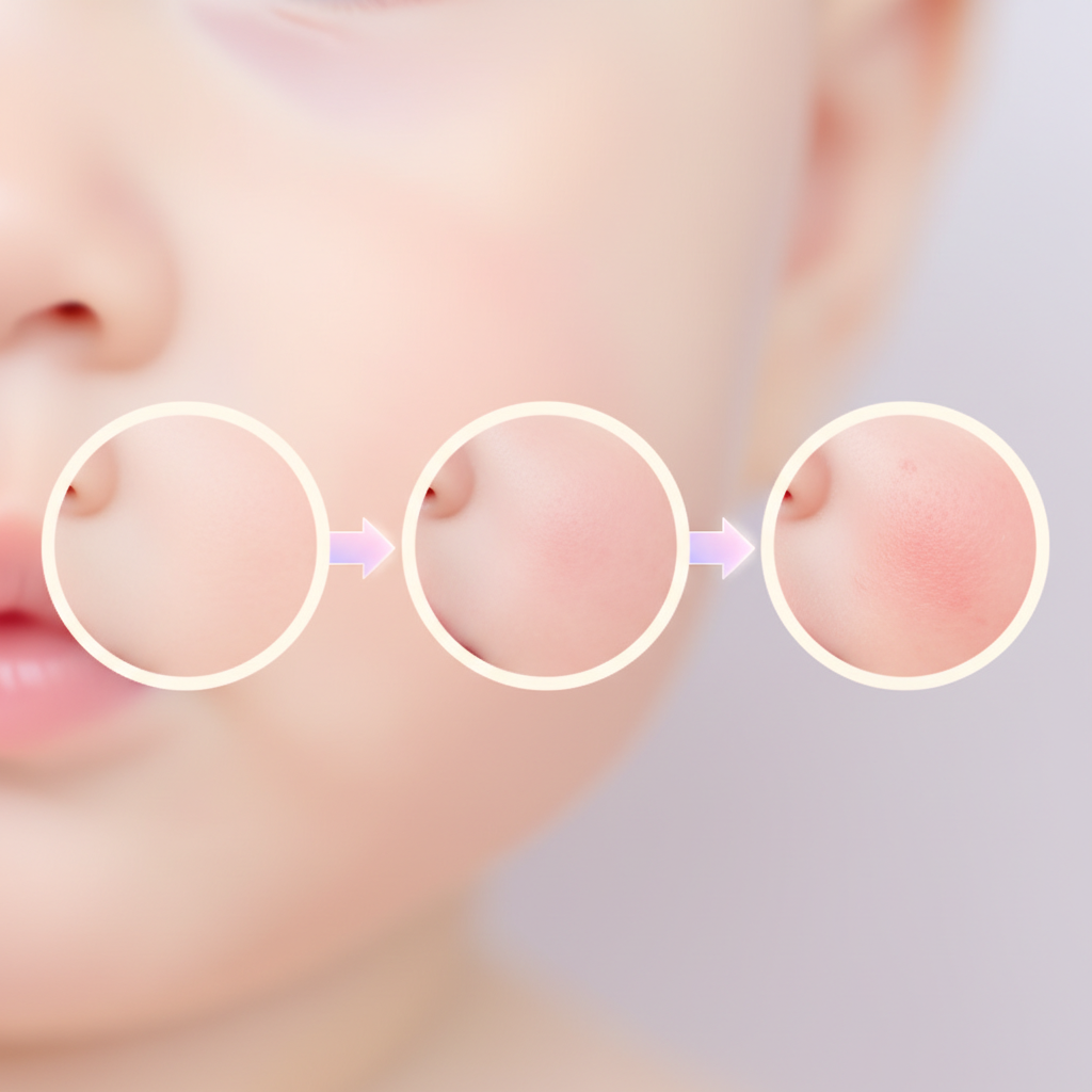 A close-up shot of a baby's face with mild red rashes around the cheeks, looking a bit irritated but otherwise healthy.