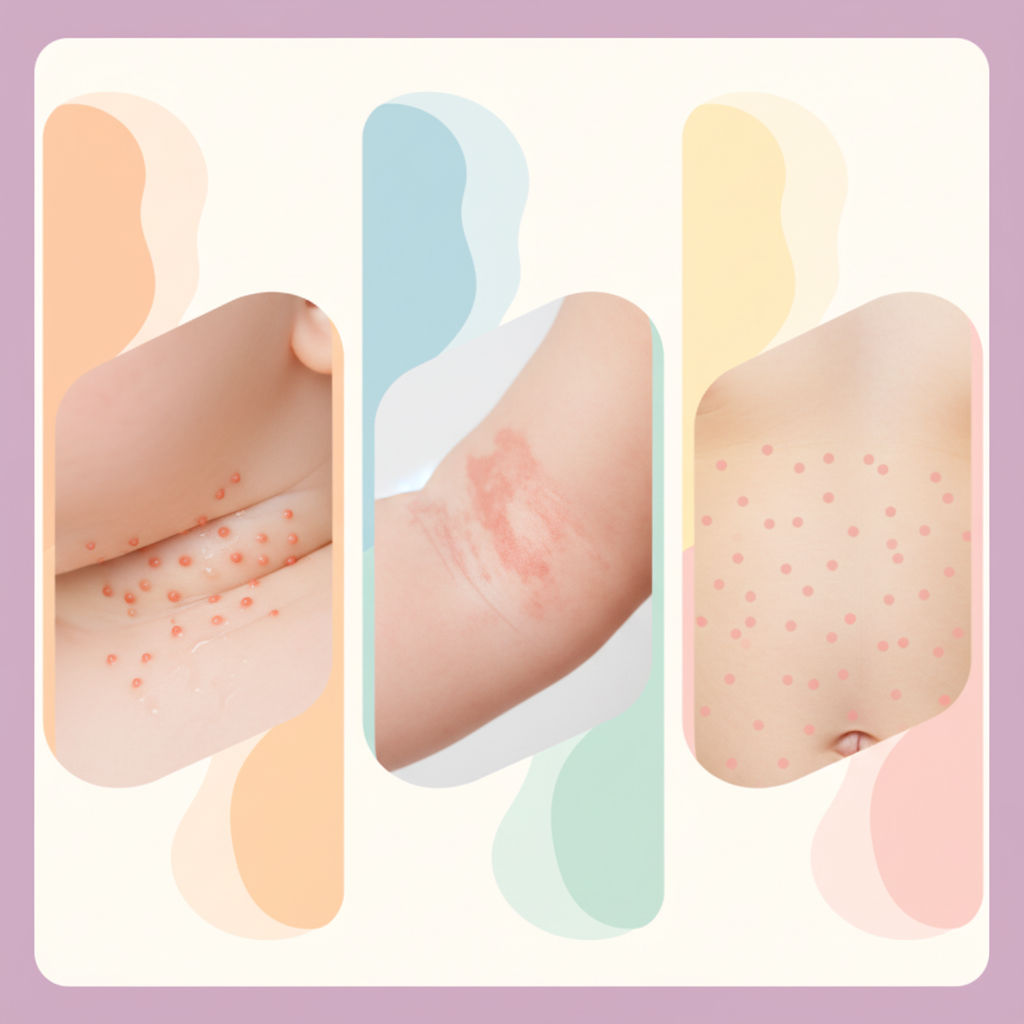 Three distinct comparison images side-by-side, showing a baby with mild heat rash, another with dry, flaky atopic patches, and a third with small, uniform red dots indicating heat rash.