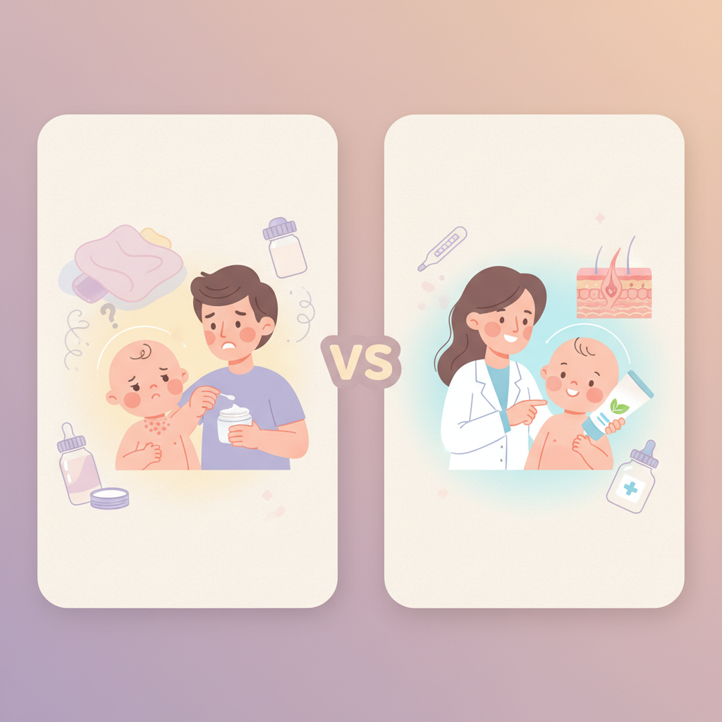 A parent gently applying baby lotion to their infant's arm after a bath, showing a careful and loving touch.