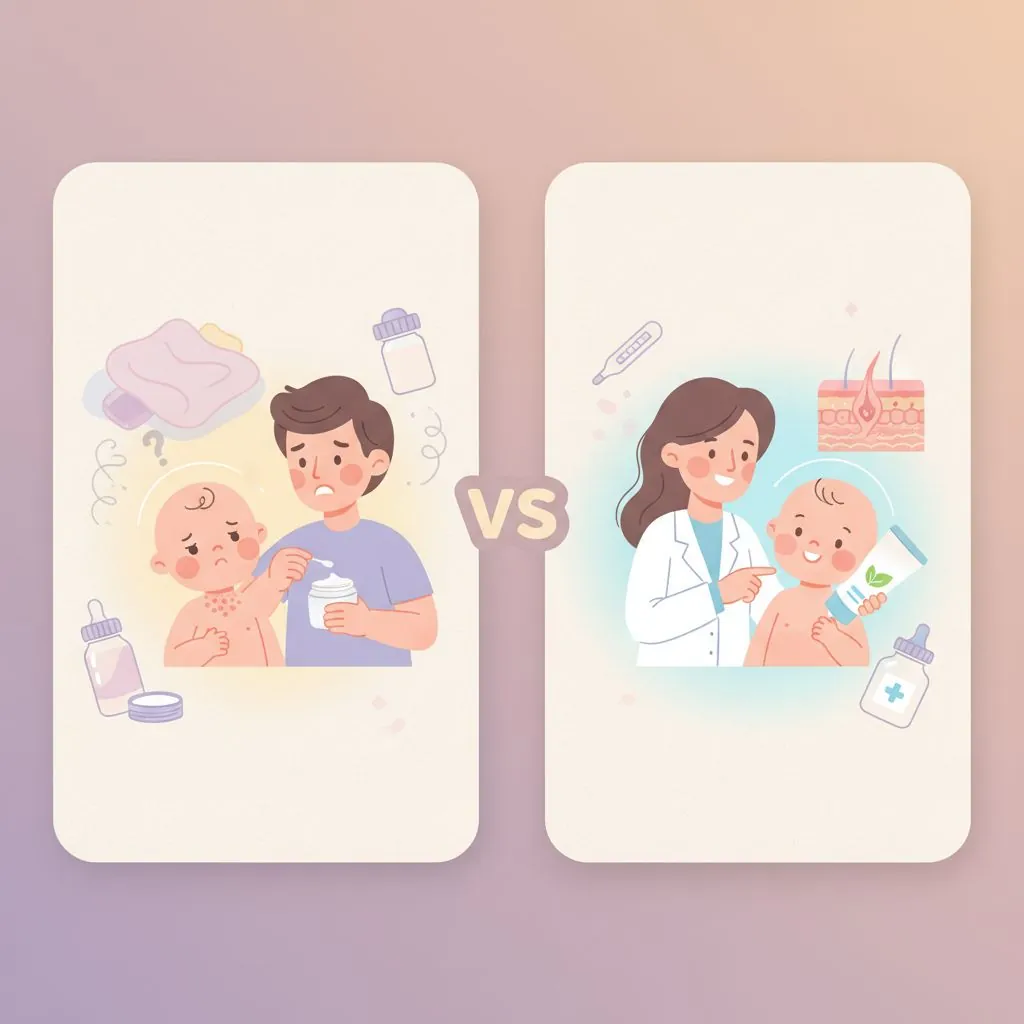 A parent gently applying baby lotion to their infant's arm after a bath, showing a careful and loving touch.