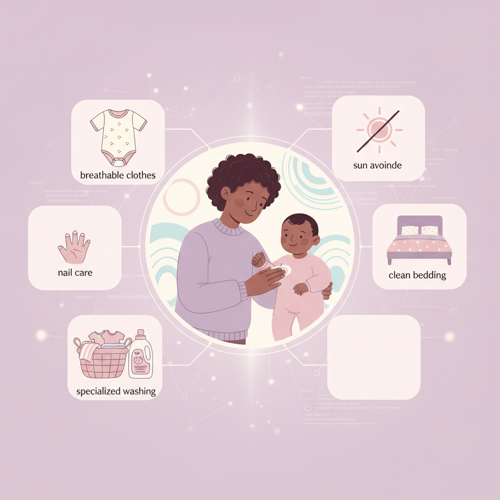 A baby's arm showing a patch of dry, slightly reddish skin, indicating mild atopic dermatitis, with a parent's hand gently touching it.