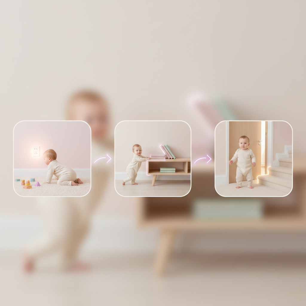 A baby crawling towards a low-lying electrical outlet, with a concerned parent gently guiding them away