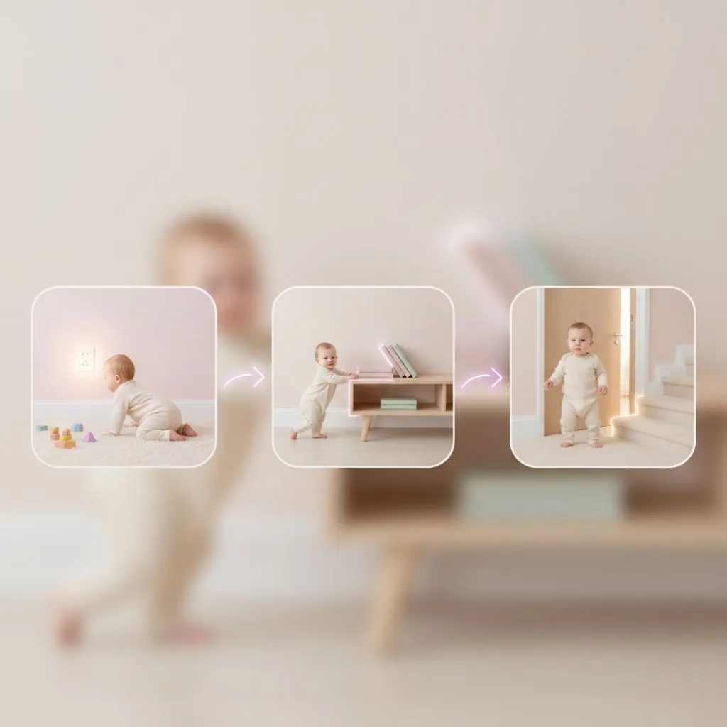 A baby crawling towards a low-lying electrical outlet, with a concerned parent gently guiding them away