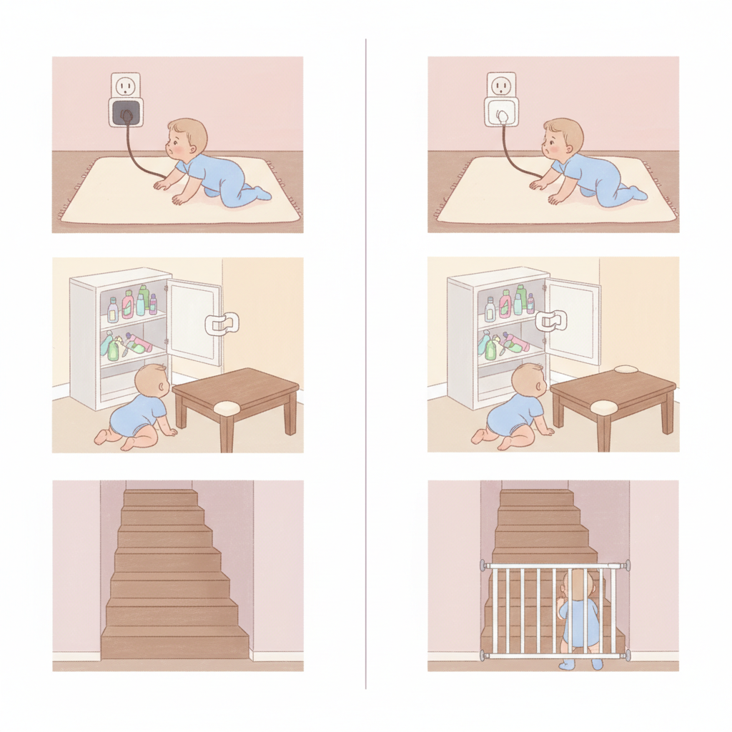 Various baby safety products neatly arranged, including a gate, outlet covers, corner protectors, and cabinet locks