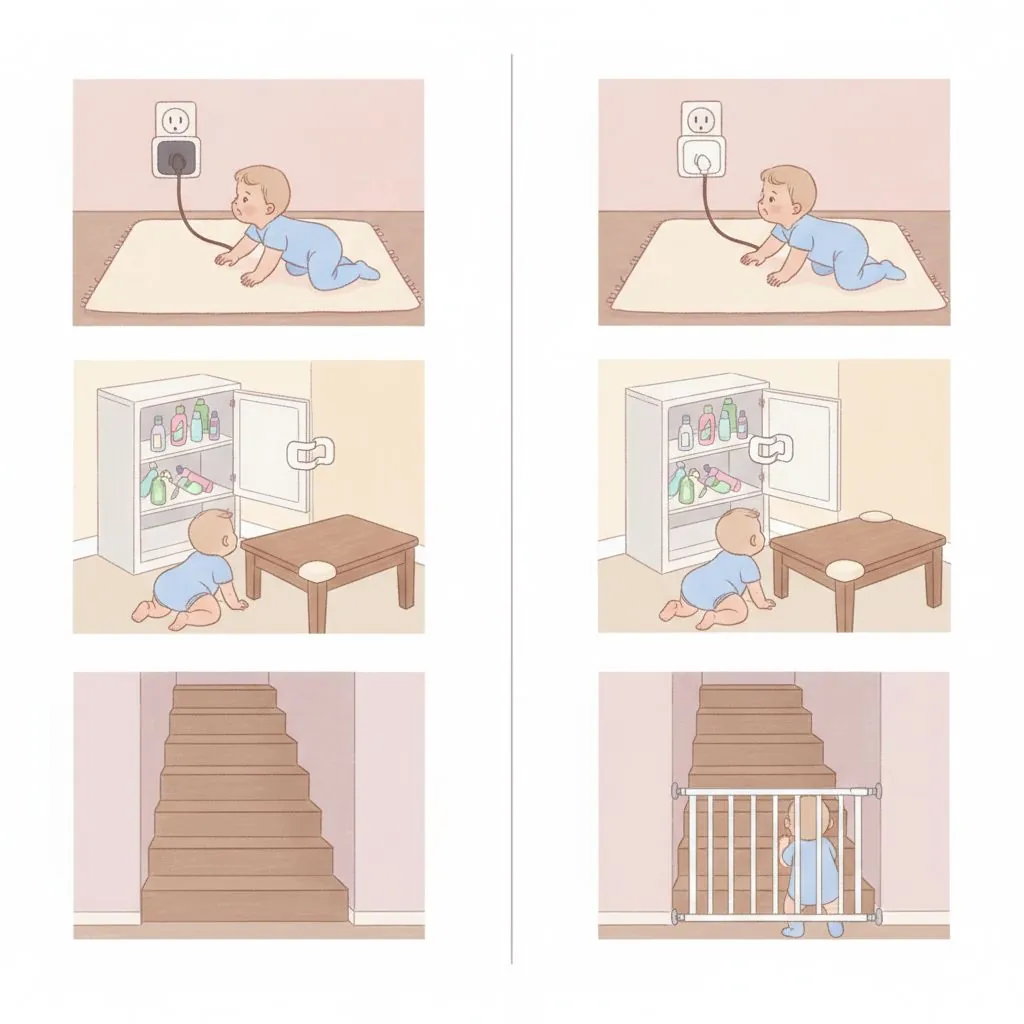 Various baby safety products neatly arranged, including a gate, outlet covers, corner protectors, and cabinet locks