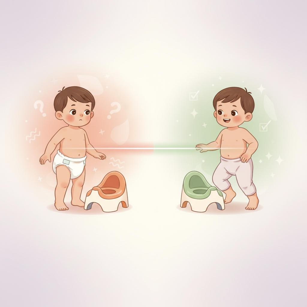 A toddler pointing to a potty chair with a curious expression, while a parent smiles encouragingly in the background