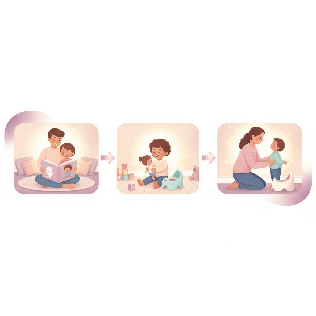 A child happily sitting on a colorful potty chair, looking engaged in a book while a parent is nearby