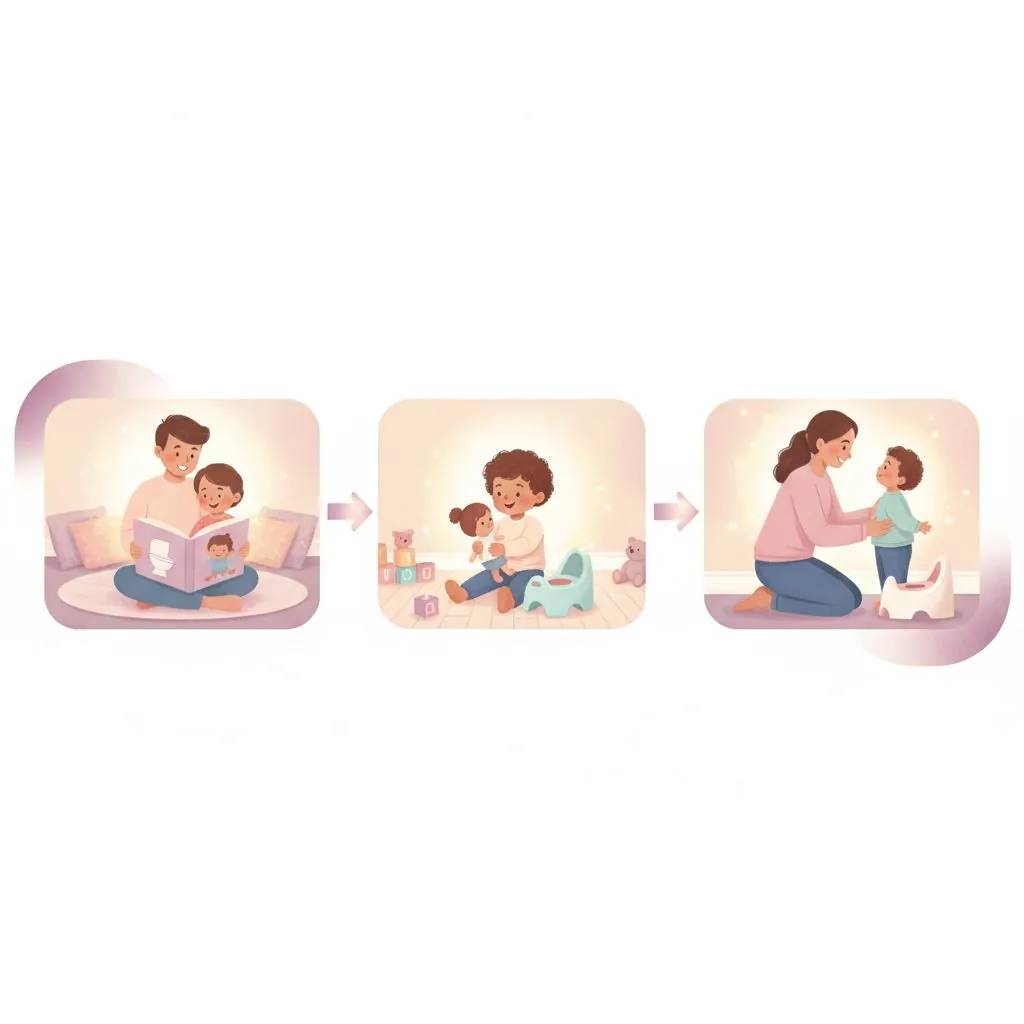 A child happily sitting on a colorful potty chair, looking engaged in a book while a parent is nearby