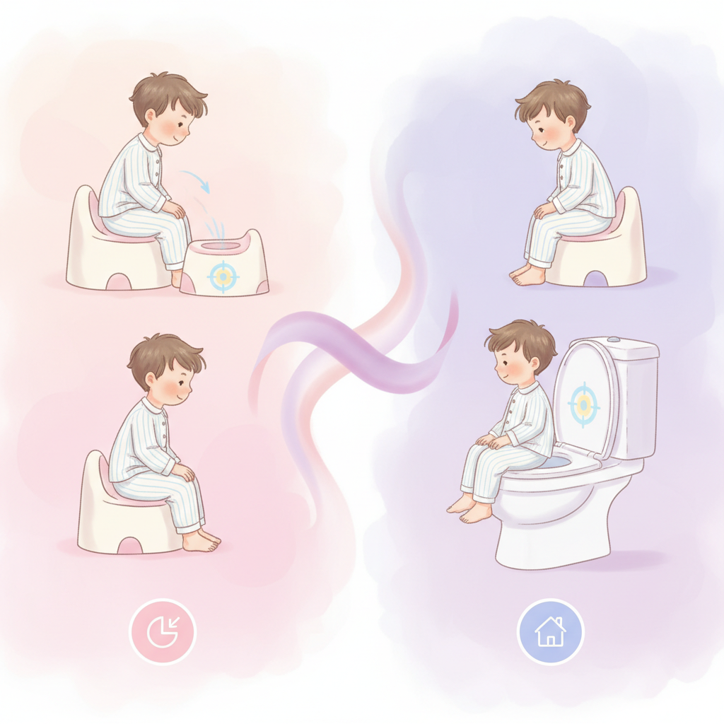 A frustrated toddler sitting on a potty chair, looking away, while a parent gently tries to engage them