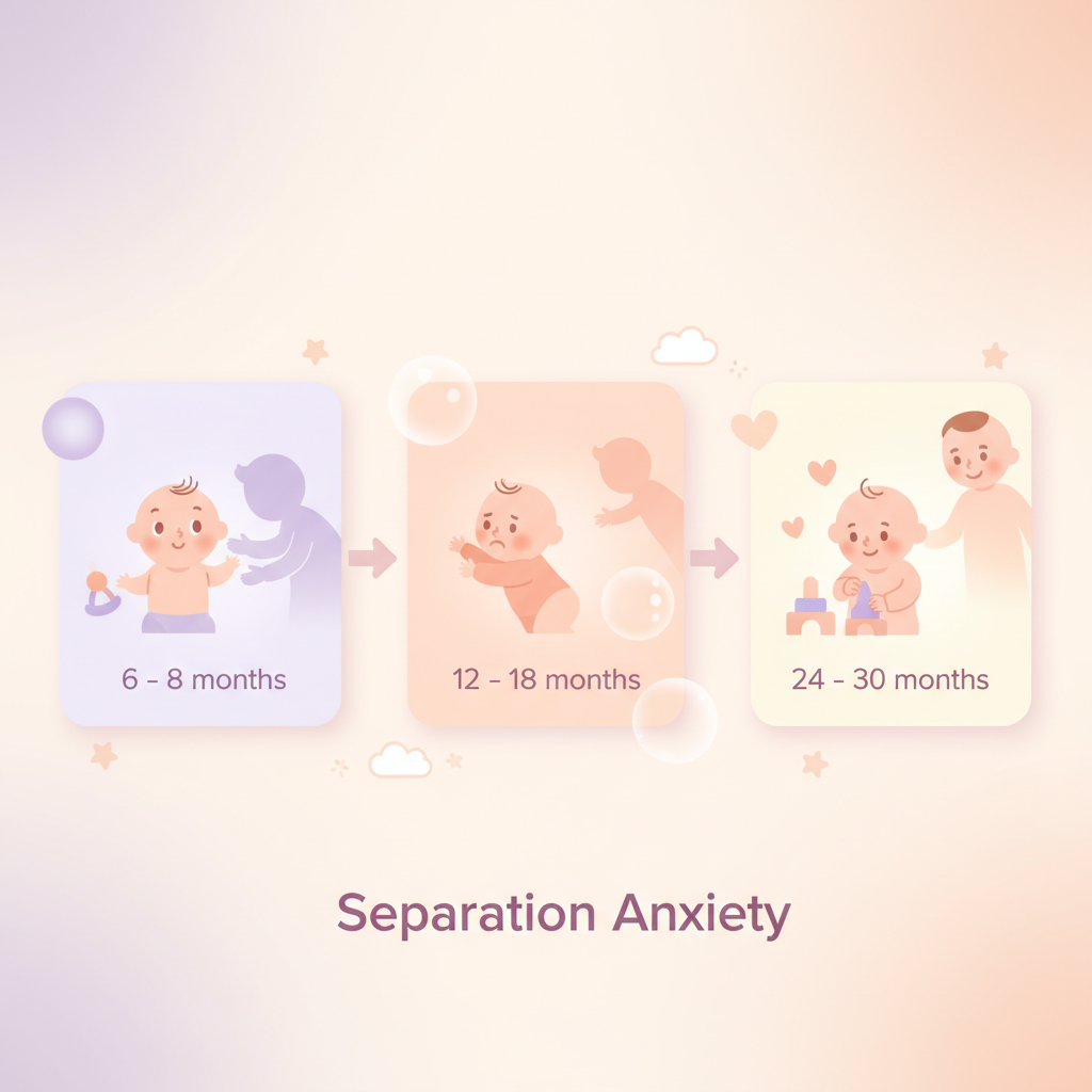 A distressed baby clinging to a parent's leg while the parent looks concerned