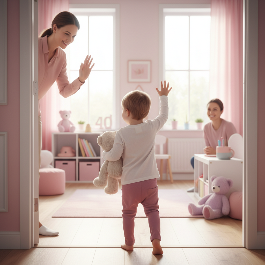 A parent calmly waving goodbye to a child at a daycare entrance