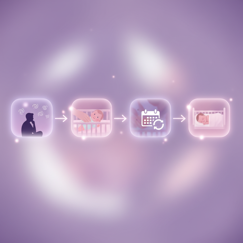 A baby gently waking up in their crib, looking alert and content.