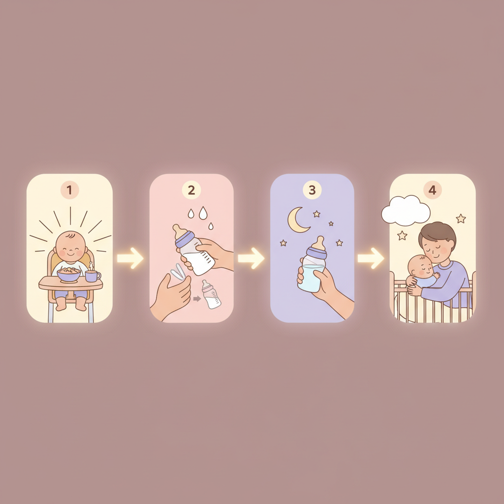 A tired but smiling parent looking at their peacefully sleeping baby, symbolizing a successful sleep journey.