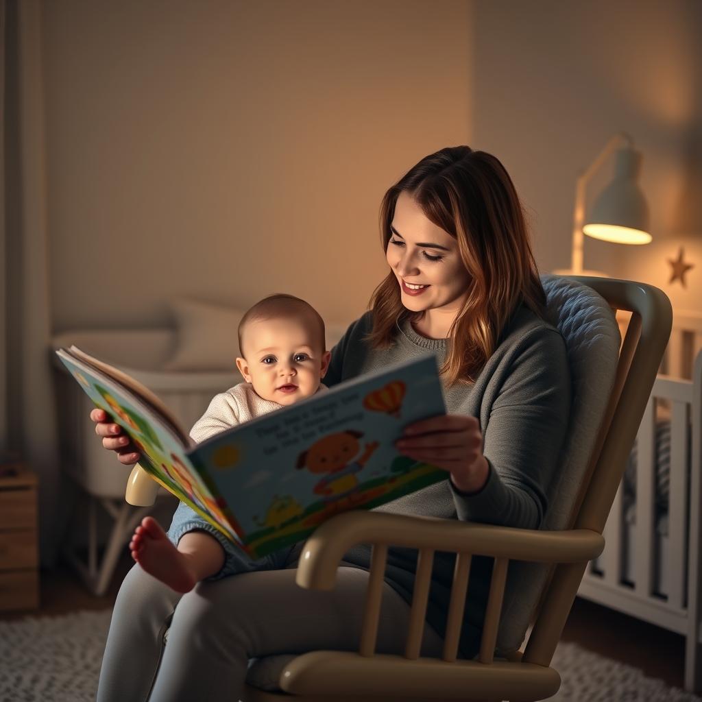 은은한 조명 아래 엄마가 아기에게 그림책을 읽어주며 수면 의식을 진행하는 모습