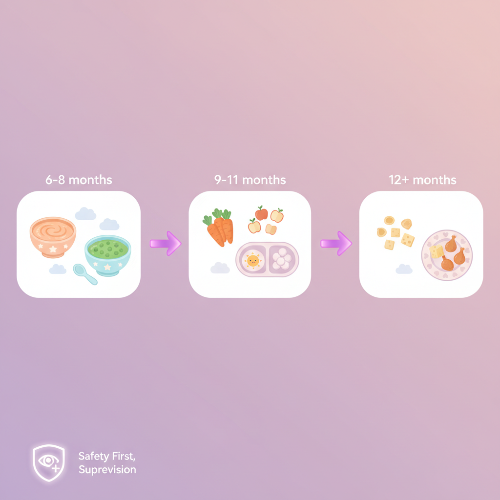 a table with various small, colorful baby snacks organized by age group